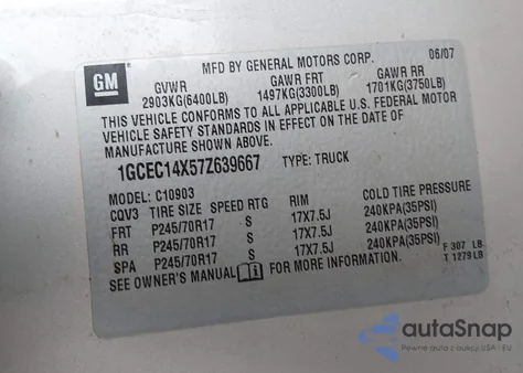 2007 Chevrolet Silverado 1500 Work Truck from USA, damaged, VIN 1GCEC14X57Z639667